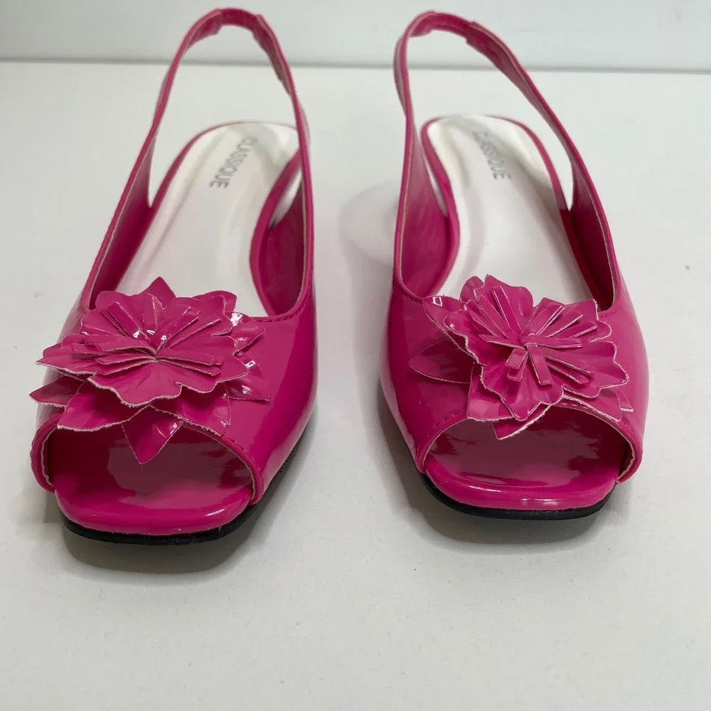 Hot Pink Patent Floral Peep Toe Slingback Wedge Sandals 8.5M Wedding Guest Bold